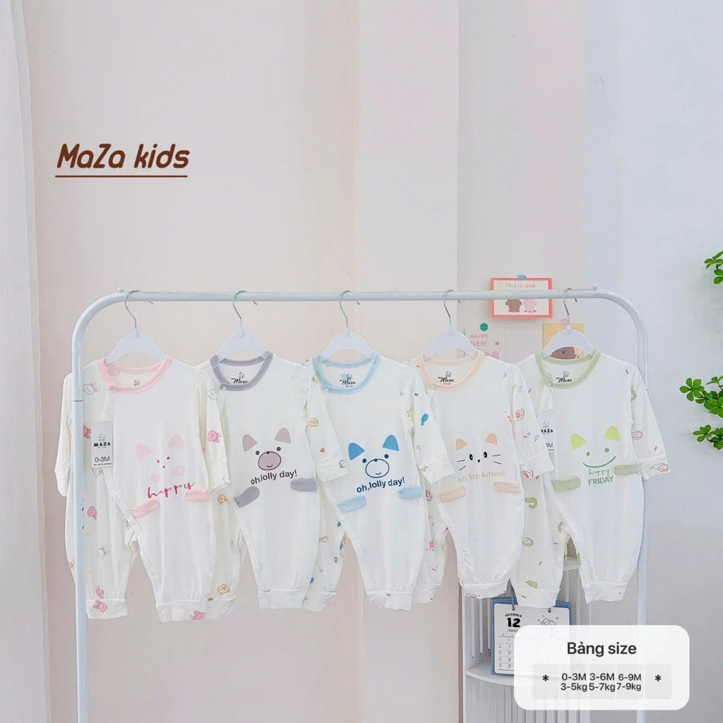 BDY1. Bodysuit Sơ Sinh Dài Tay Vải Petit Mềm Mỏng Mát Nền Trắng Họa Tiết Cho Bé Sơ Sinh Từ 3-9kg