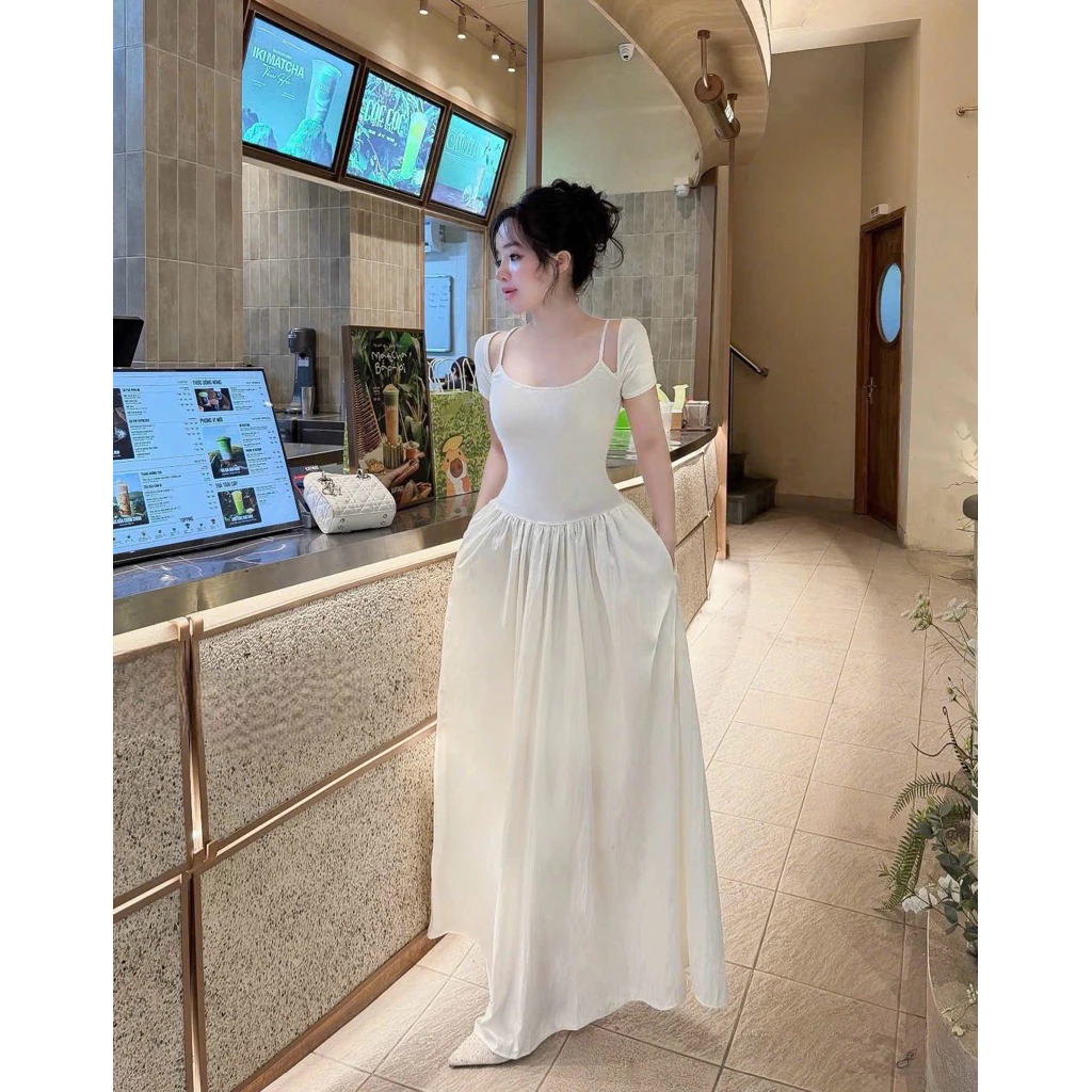 Váy cổ U tay cộc phối dây vai dáng xoè dài đầm 4 màu tôn dáng đi tiệc đi chơi V15