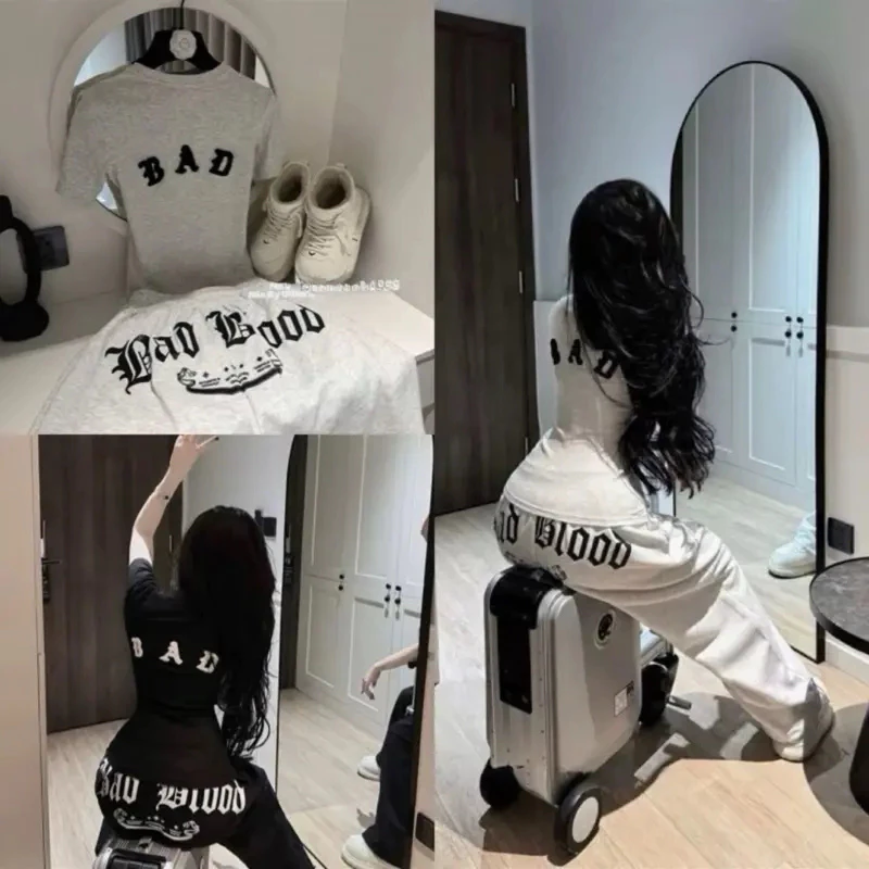 Set đồ nữ BAD thêu xù form ôm – áo body chất borip lụa + quần suông ống rộng cá tính, outfit streetwear Y2K năng động
