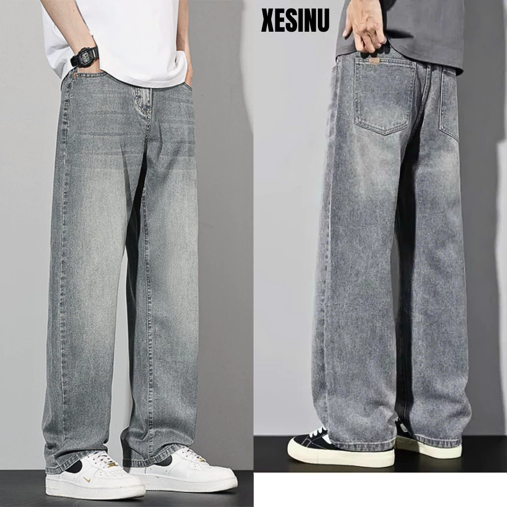 Quần jean ống suông nam nữ Xanh Xám Đen RETRO ống rộng xuông cạp cao Quần bò nam dáng suông