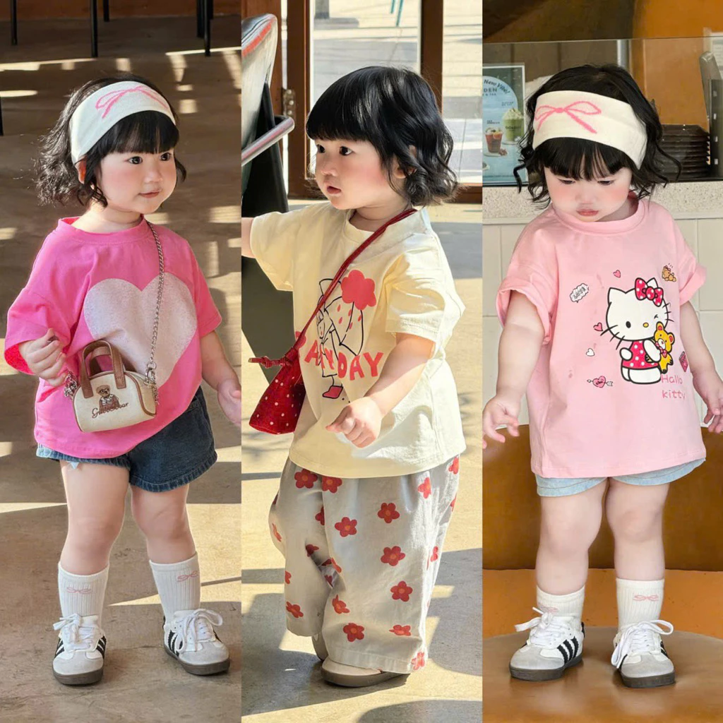 Combo 3 áo phông bé gái chất liệu cotton hoạ tiết xinh xắn dễ phối đồ với chân váy quần short đi học đi chơi (15-35kg)