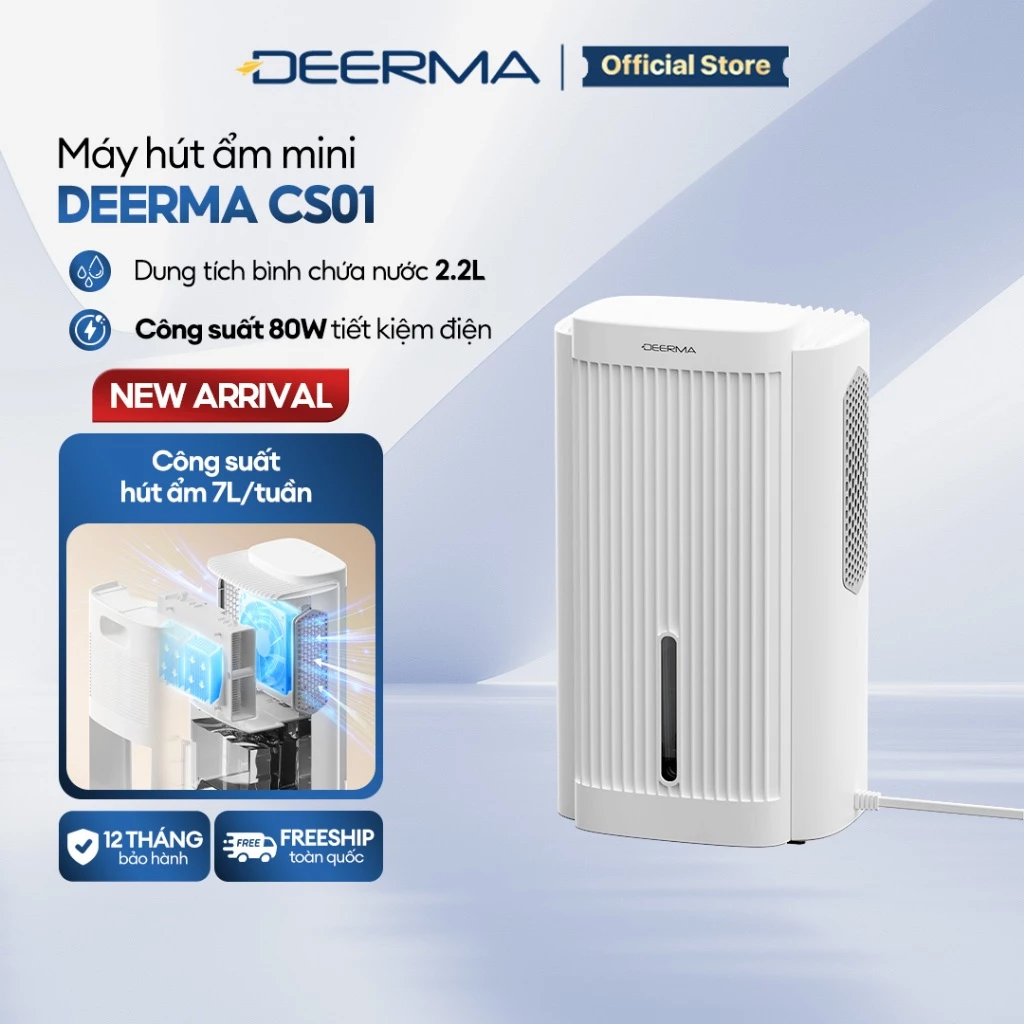 Máy hút ẩm mini Deerma CS01 công suất 80W tiết kiệm điện, dung tích bình chứa 2,2L - Bảo hành 12 tháng