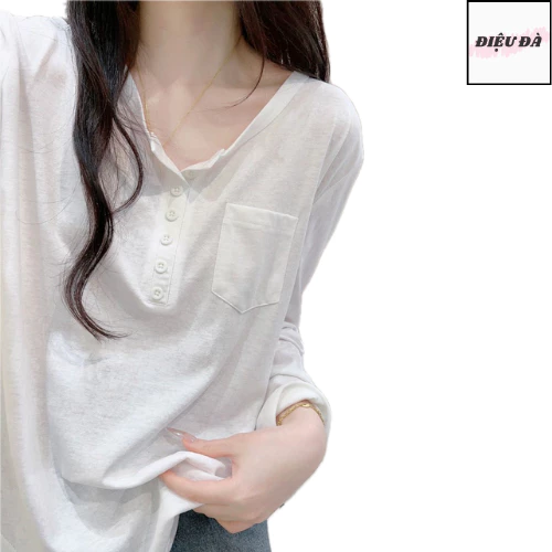 Áo thun dài tay nữ basic có túi sành điệu thun cotton co giãn thoáng mát thấm hút mồ hôi hình đơn giản trẻ trung thời tr