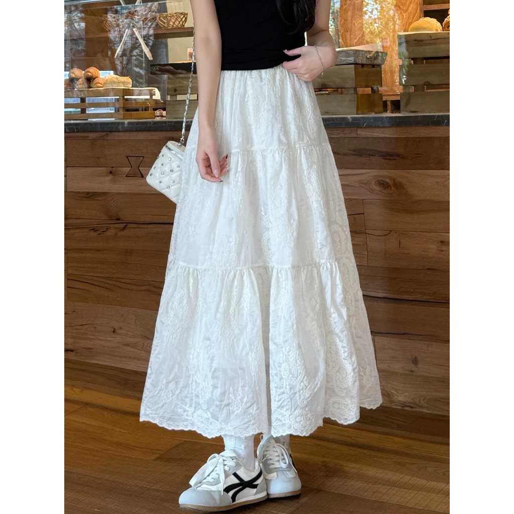 V77-[SANSAN]-Chân Váy Ren Thêu Nổi Cao Cấp Ba Tầng-Nhẹ Nhàng, Vintage-Hottrend