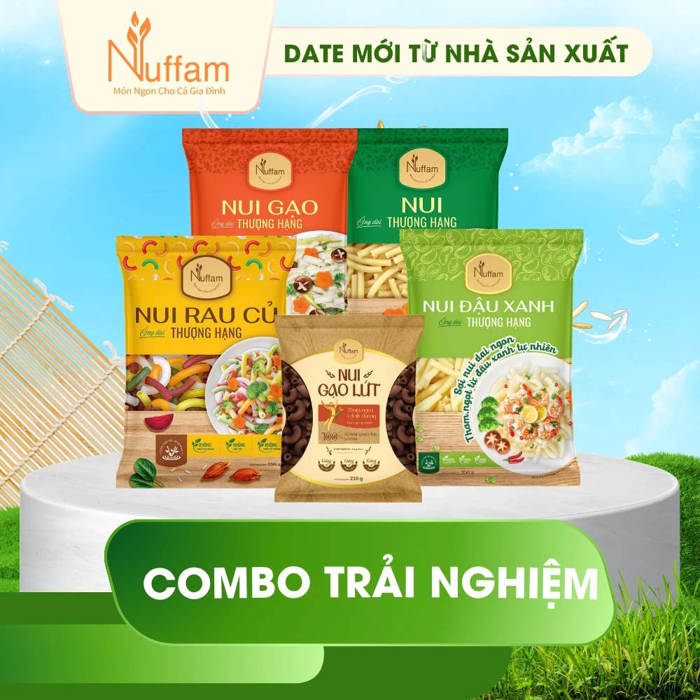 (Combo Trải Nghiệm) Nui Ống Dài Vàng, Nui Đậu Xanh, Nui Gạo Lứt, Nui Rau Quả , Nui Gạo