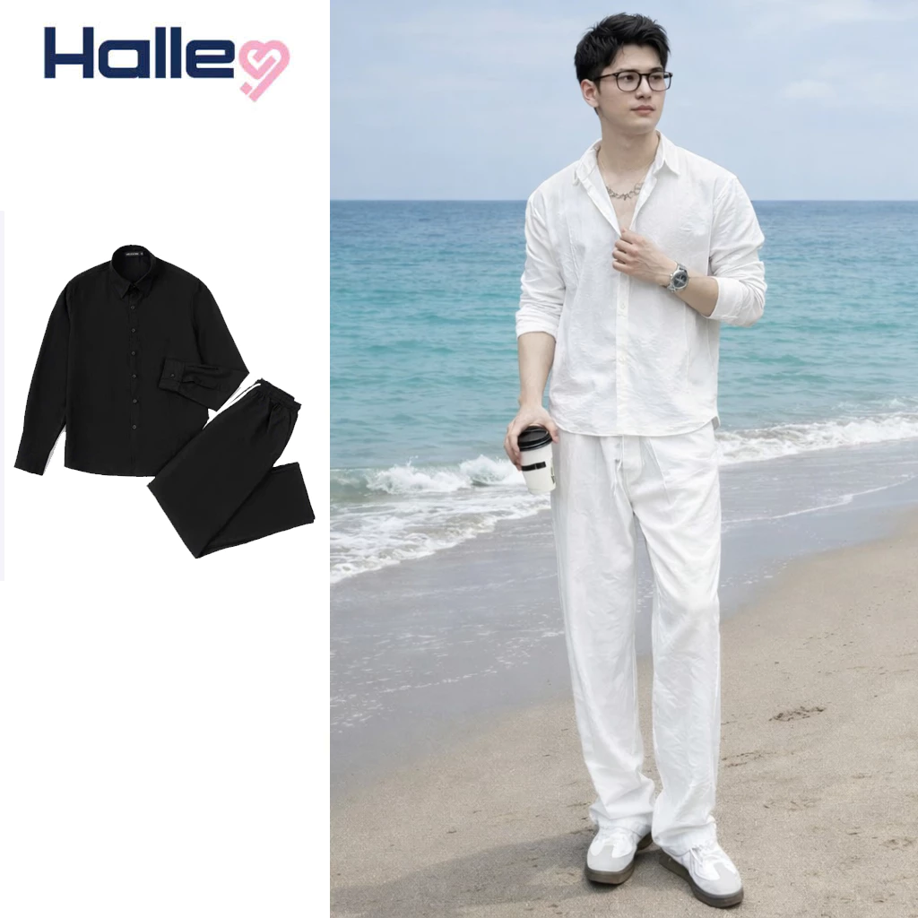 Bộ Quần Áo Linen Đi Chơi Đi Cafe Đi Biển Thoáng Mát (Áo Sơ Mi Dài Tay + Quần Dài Linen) Halley J58