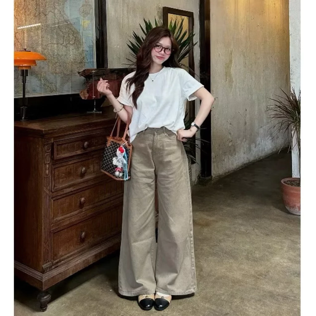 Quần jeans nữ dáng suông màu nâu tây basic cạp cao đủ sz phom tôn dáng