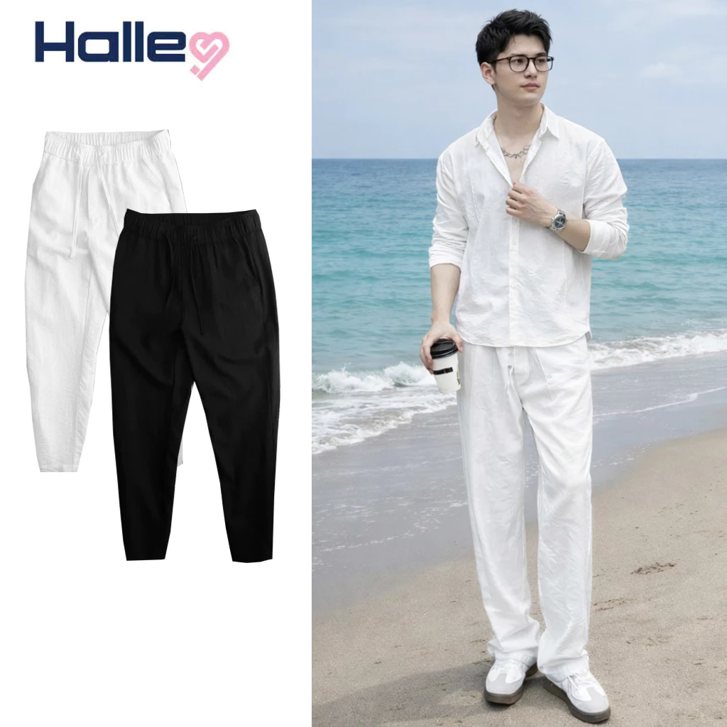 Quần Dài Linen Nam Halley Hàn Quốc Ống Rộng Cạp Cao Quần Vải Lanh Nam Hack Dáng Đi Biển Đi Cafe D32