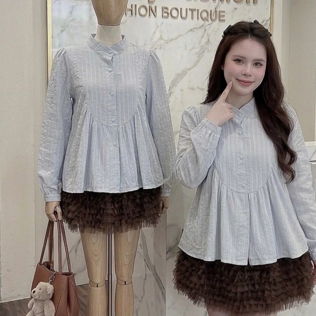 211 BIGSIZE Áo sơ mi babydol nữ dài tay cổ tàu dáng xòe phối cúc bọc