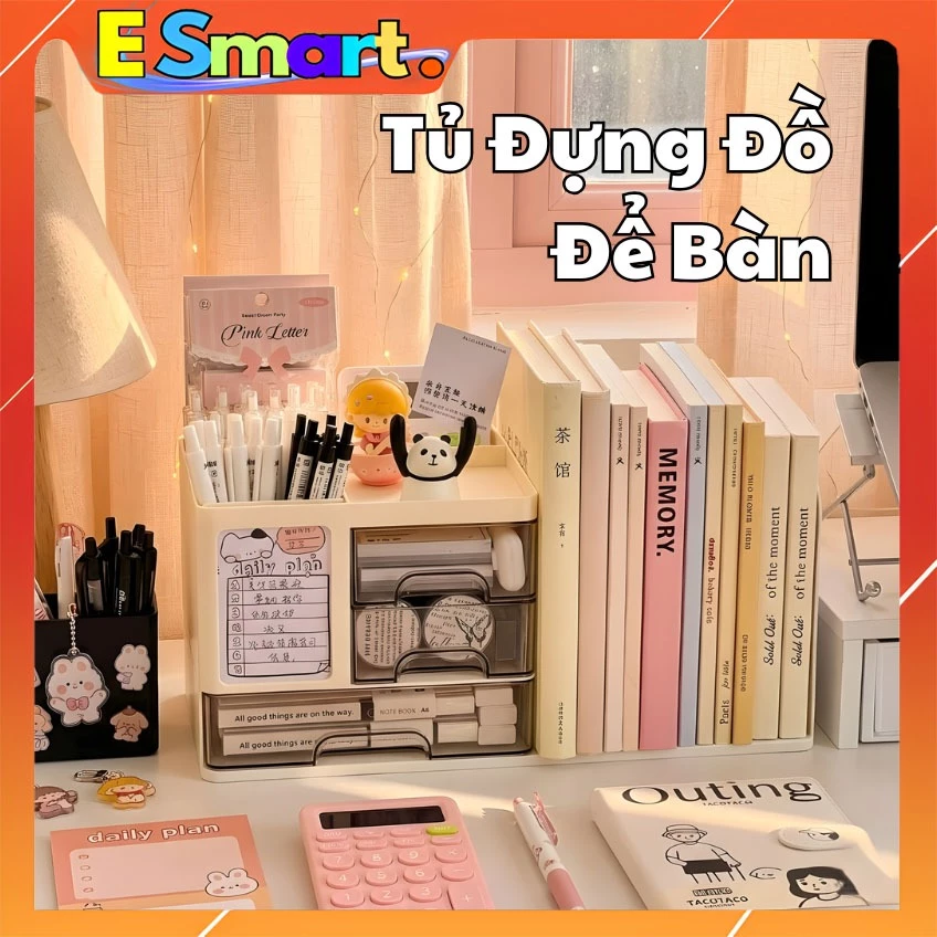 Tủ Đựng Đồ Đa Năng Để Bàn Cao Cấp - Hộp Đựng Đồ Mỹ Phẩm Có Giá Để Sách Mini Decor Bàn Làm Việc, Bàn Học Có Ngăn Kéo