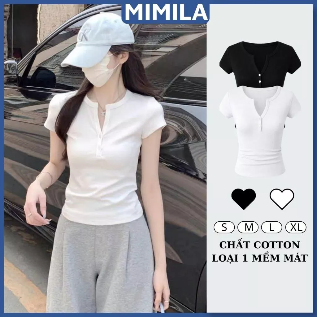 [CÓ SIZE] Áo Thun Nữ Cổ Tròn Tay Ngắn Basic Phối Nút Cài MIMILA Ôm Body Chất Thun Cotton Mềm Mịn - MA360