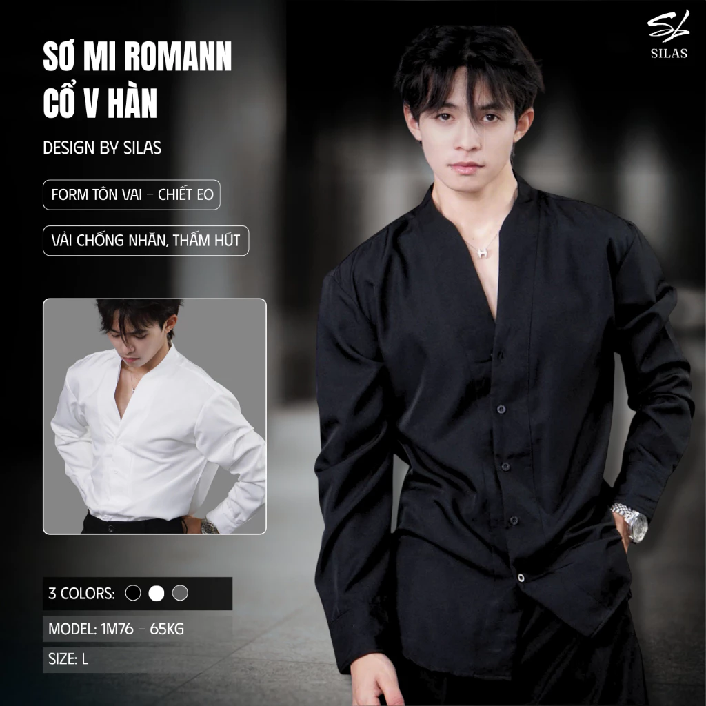 (Form Tôn Vai) Áo Sơ Mi SILAS Romann Cổ V Hàn Cotton Chéo Nam Chiết Eo - ASL13