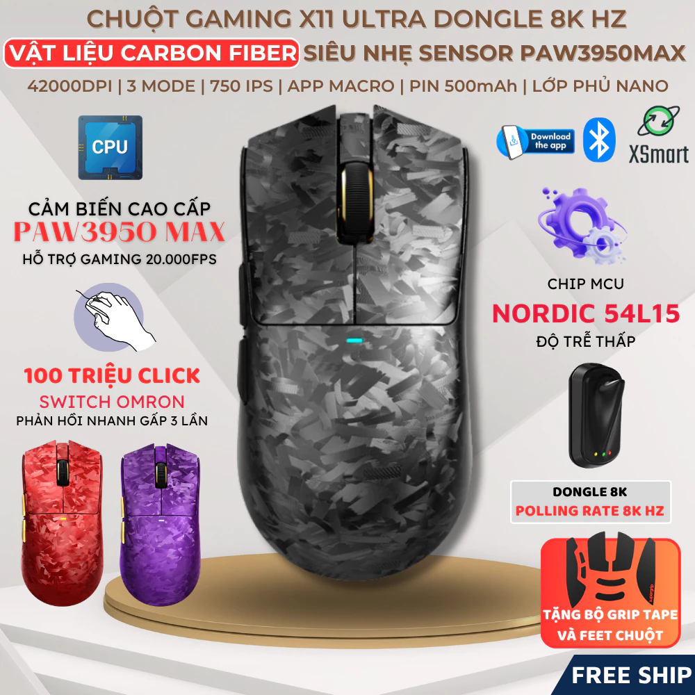 Chuột Gaming Không Dây Attack Shark X11 Ultra Sensor PAW3950MAX, Polling Rate 8KHz, Vật Liệu Carbon