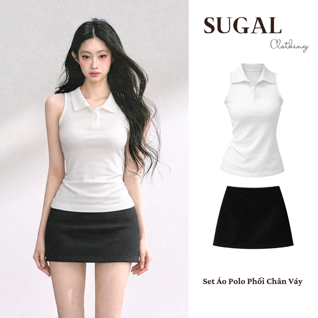 Set Áo Cổ Polo Sát Nách Trắng Phối Chân Váy Ngắn Chất Umi Co Giãn - Thời Trang Năng Động Phù Hợp Mùa Hè | T 278 + CV 101