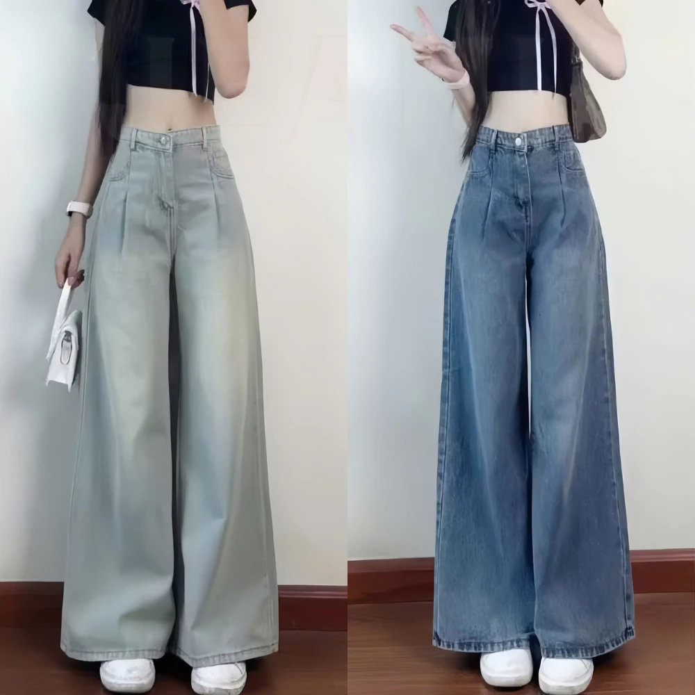 Quần Jeans Nữ Ống Suông Rộng Wash Xanh Ánh Bạc Retro HARI Cạp Cao Form Dài Hack Dáng, Quần Bò Nữ Suông Baggy Hot Trend