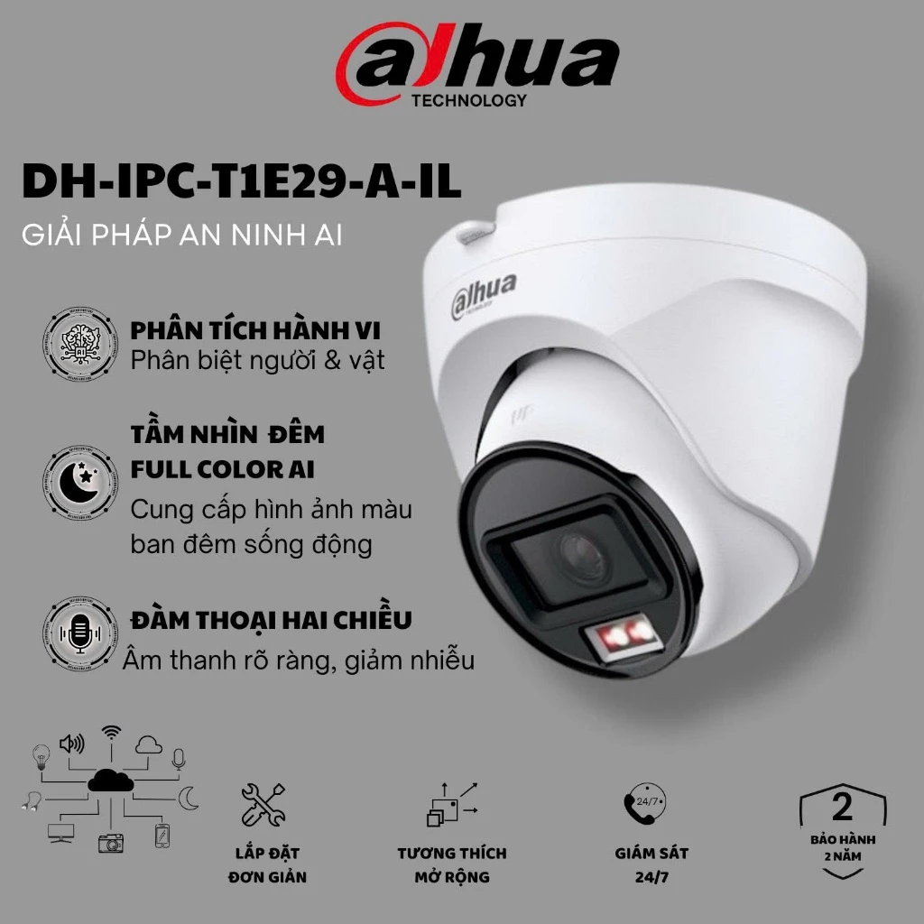 (TẶNG HKT)Camera IP 2MP Dahua DH-IPC-T1E29-A-IL – Ánh Sáng Kép, Thu Âm, Chuẩn Ngoài Trời