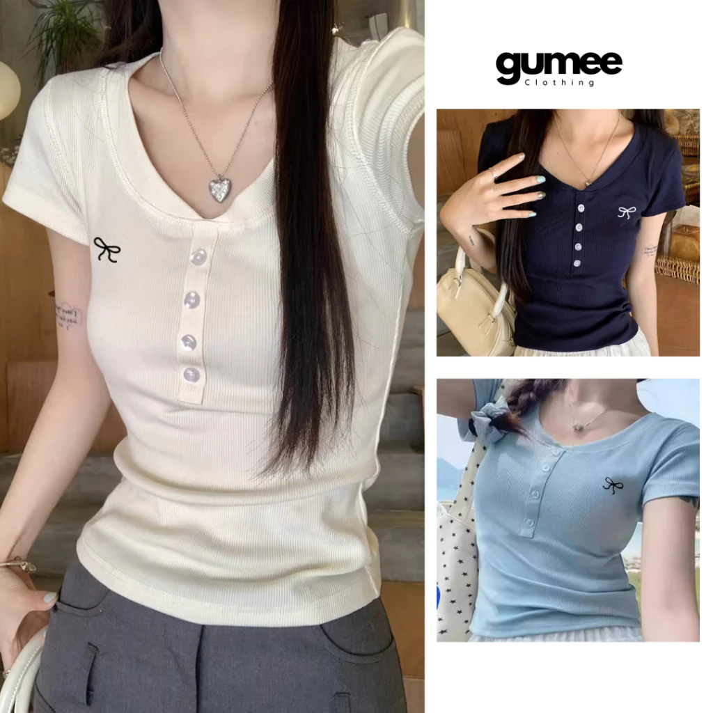 [Mẫu mới]Áo kiểu nữ ôm body phối cúc ngực Gumee, áo nữ ôm body cổ trễ tay ngắn chất tăm lạnh co giãn - QC1