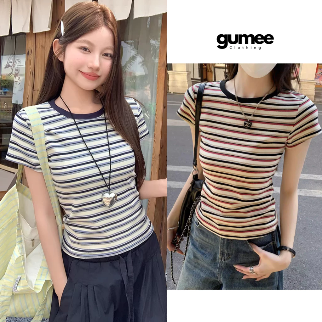 [Mẫu mới]Áo thun kẻ nữ cộc tay babytee Gumee, áo baby tee ôm body kẻ sọc nữ  chất cotton mềm co giãn mềm -QC2