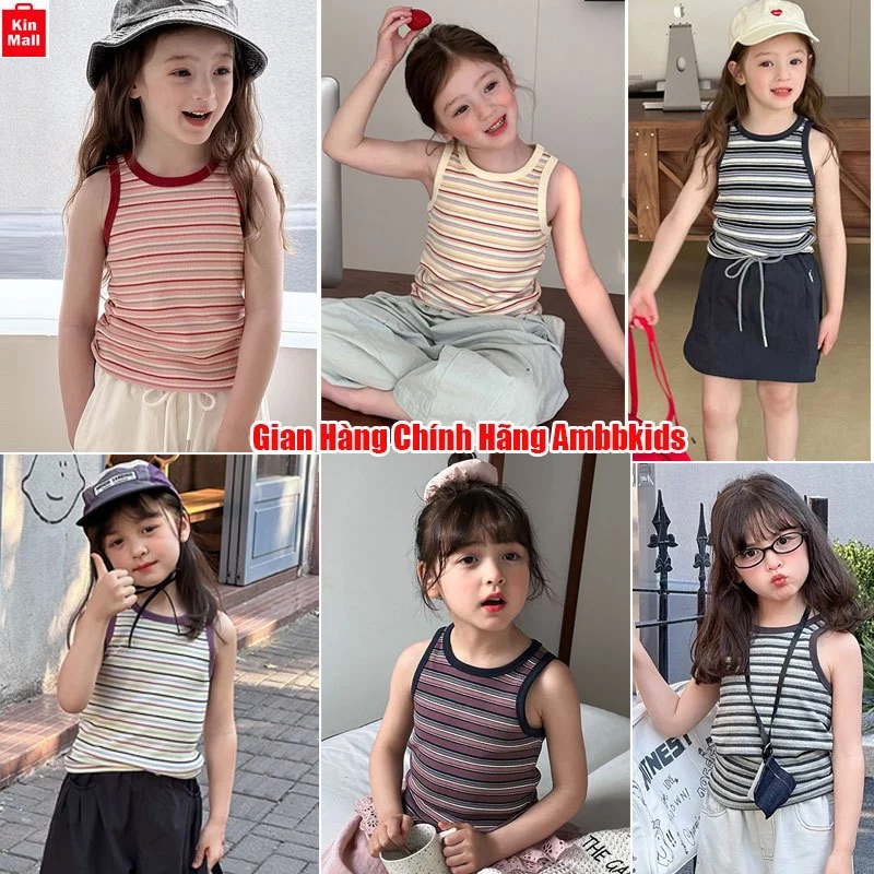 NEW HÈ 2026 (10-40kg) Áo Thun Sát Nách, Áo Ba Lỗ Kẻ Sọc Sành Điệu Cho Bé Gái hãng AMBBKIDS