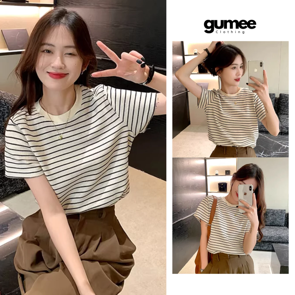 [Mẫu mới]Áo thun kẻ nữ Gumee, áo phông nữ kẻ sọc form rộng chất cotton mịn co giãn Hàn Quốc - QC4