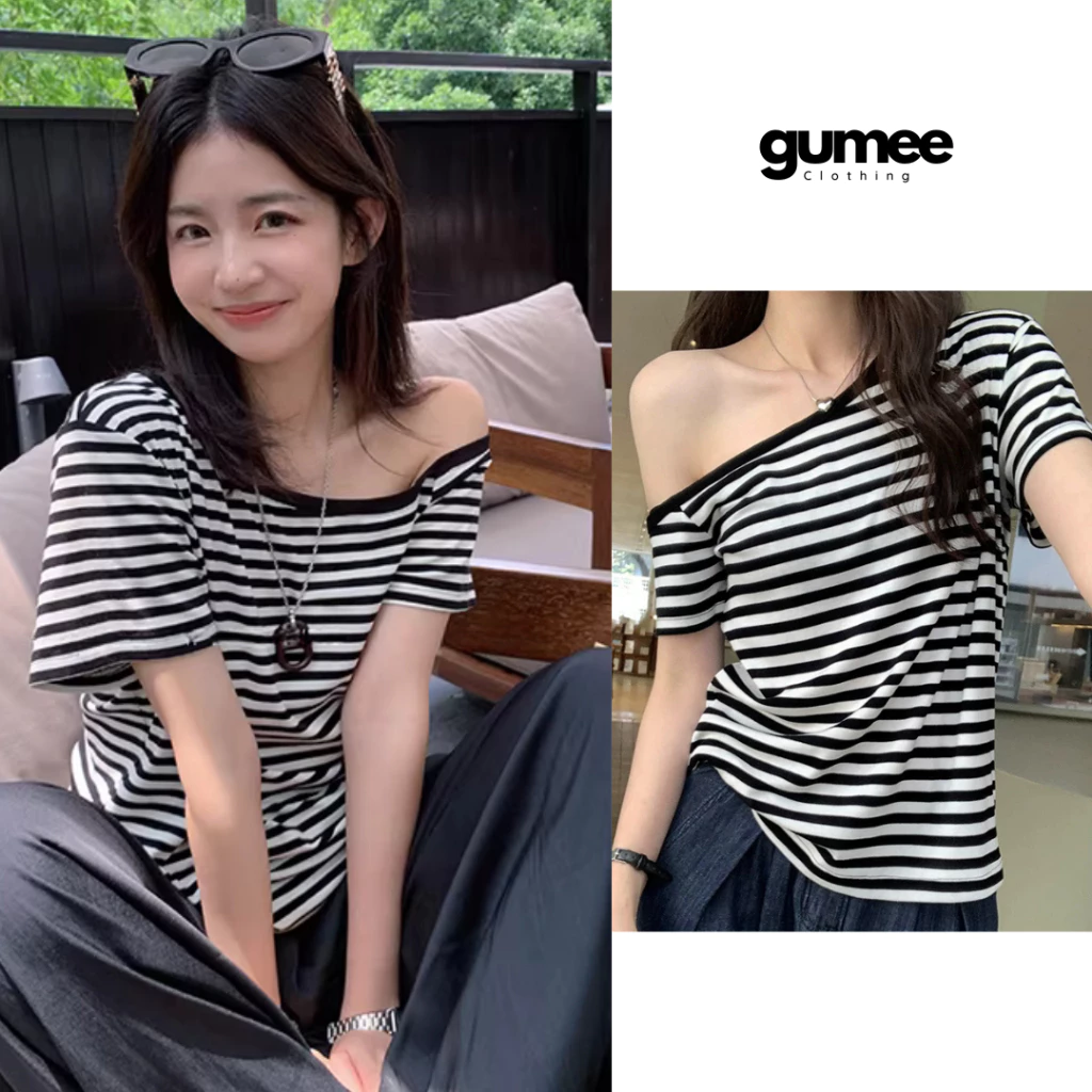 [Mẫu mới]Áo trễ vai nữ kẻ tay ngắn Gumee, áo kiểu nữ lệch vai điệu sọc ngang form rộng chất cotton mềm - QC3