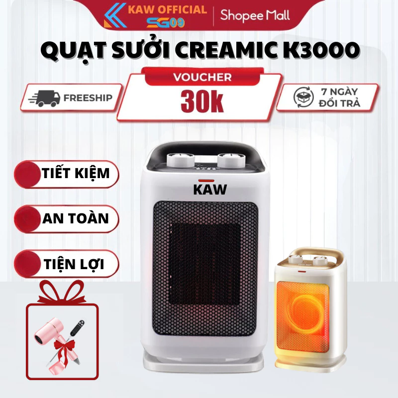 Quạt Sưởi Ceramic KAW K3000 Công Suất 1500W, Ấm Nhanh Không Khô Da, Tự Động Ngắt Điện, BH 16 Tháng