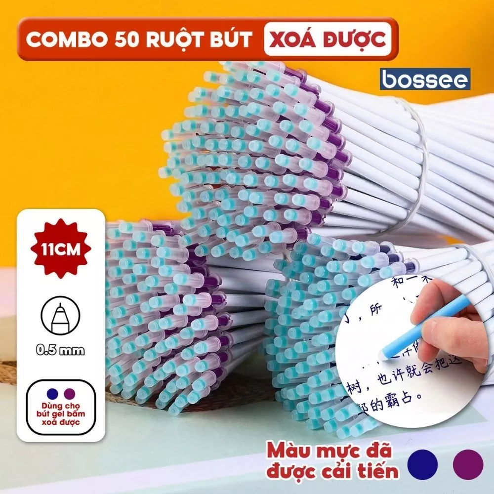 Set 50 Ngòi Bút Gel Xóa Được Bossee Dành Cho Bút Bấm 11cm Mực Xanh/Tím Ngòi 0.5mm - Ruột Bút Xóa Được Mực Đậm Viết Trơn