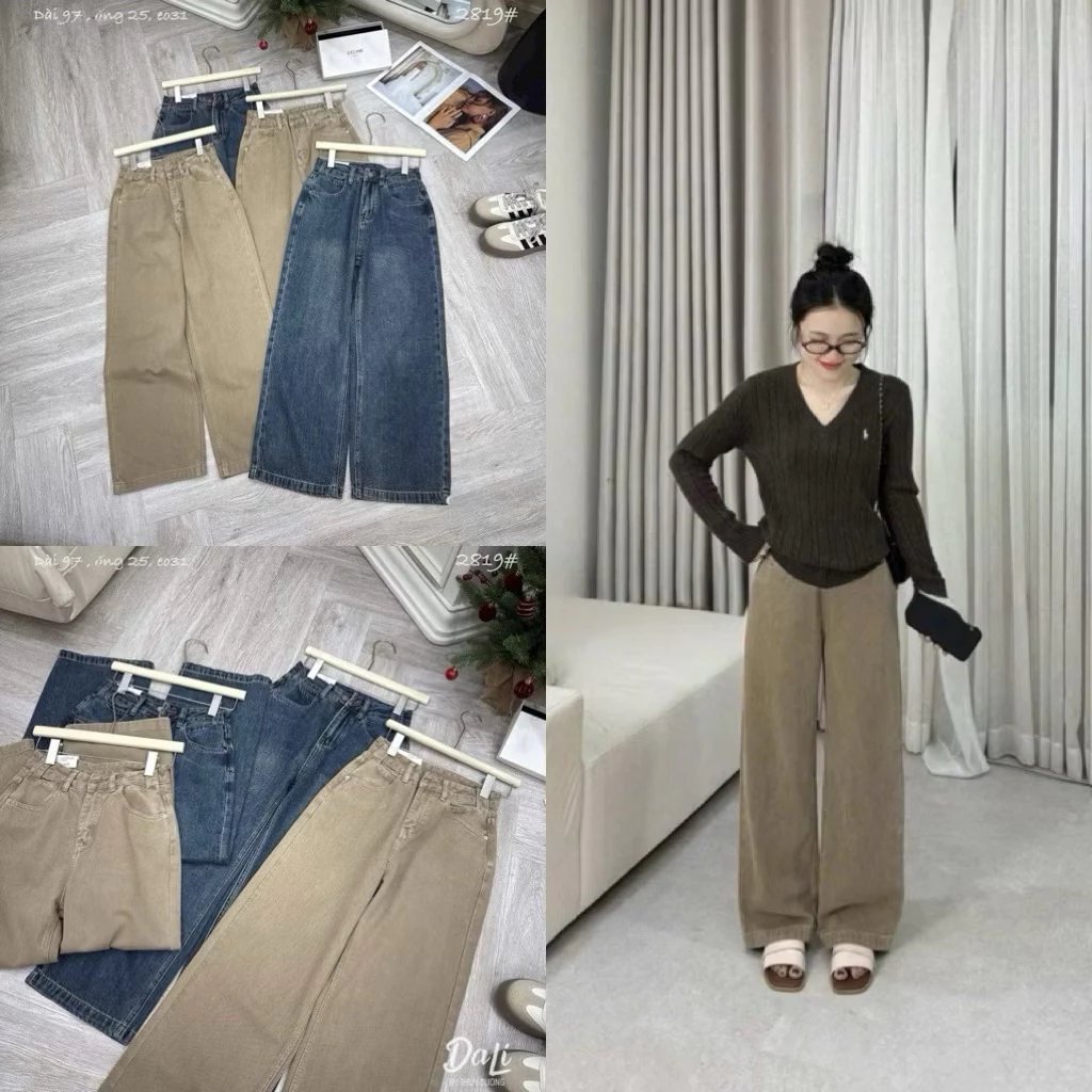 Quần jeans nữ ống suông dáng nấm 97cm lưng cao sẵn 2 màu basic