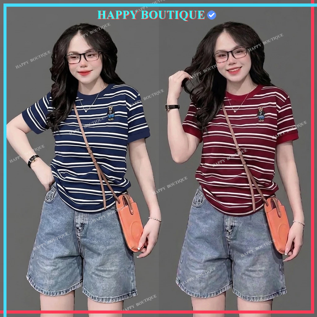 [40~60kg] Áo Thun Ôm Vừa Dáng Nữ [Mã S19] 2 KẺ ĐÔI CÁCH ĐIỆU Cotton Mềm Mịn Co Dãn 4 Chiều [SỌC THÊU GẤU]