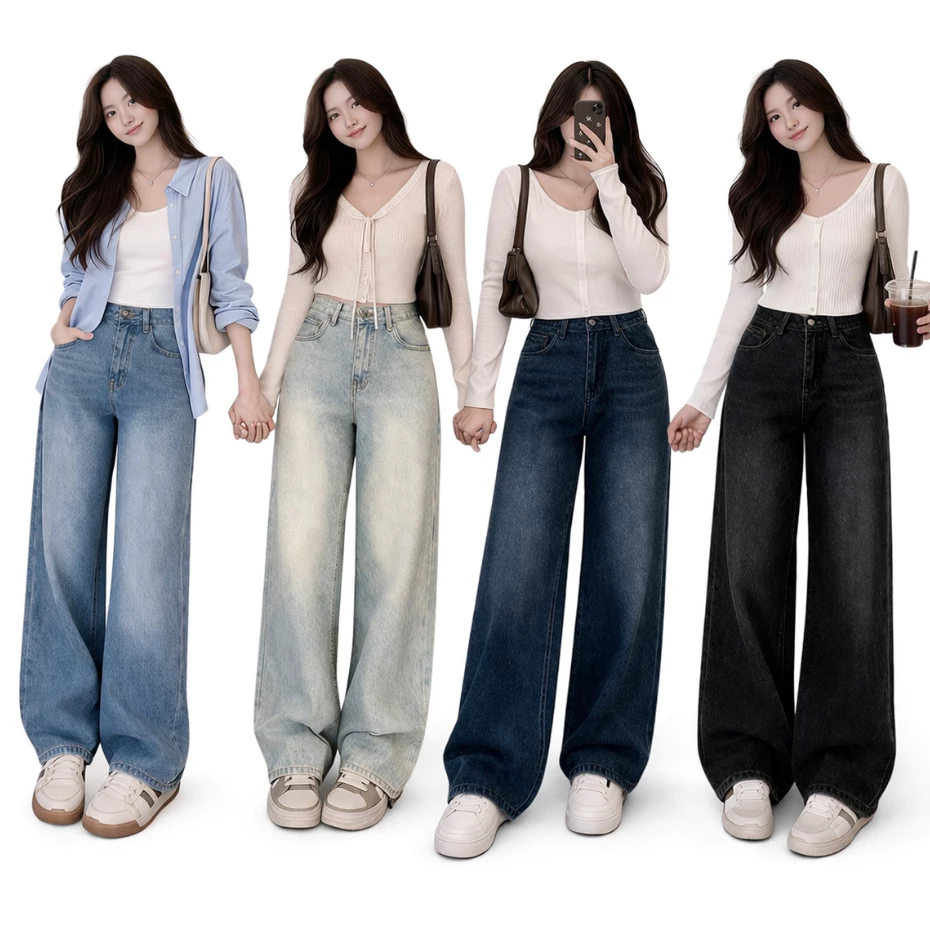 Quần Jean Suông Ống Rộng Màu Xanh Nhạt Mài Thời Trang BigSize 0029 quần bò nữ ống rộng