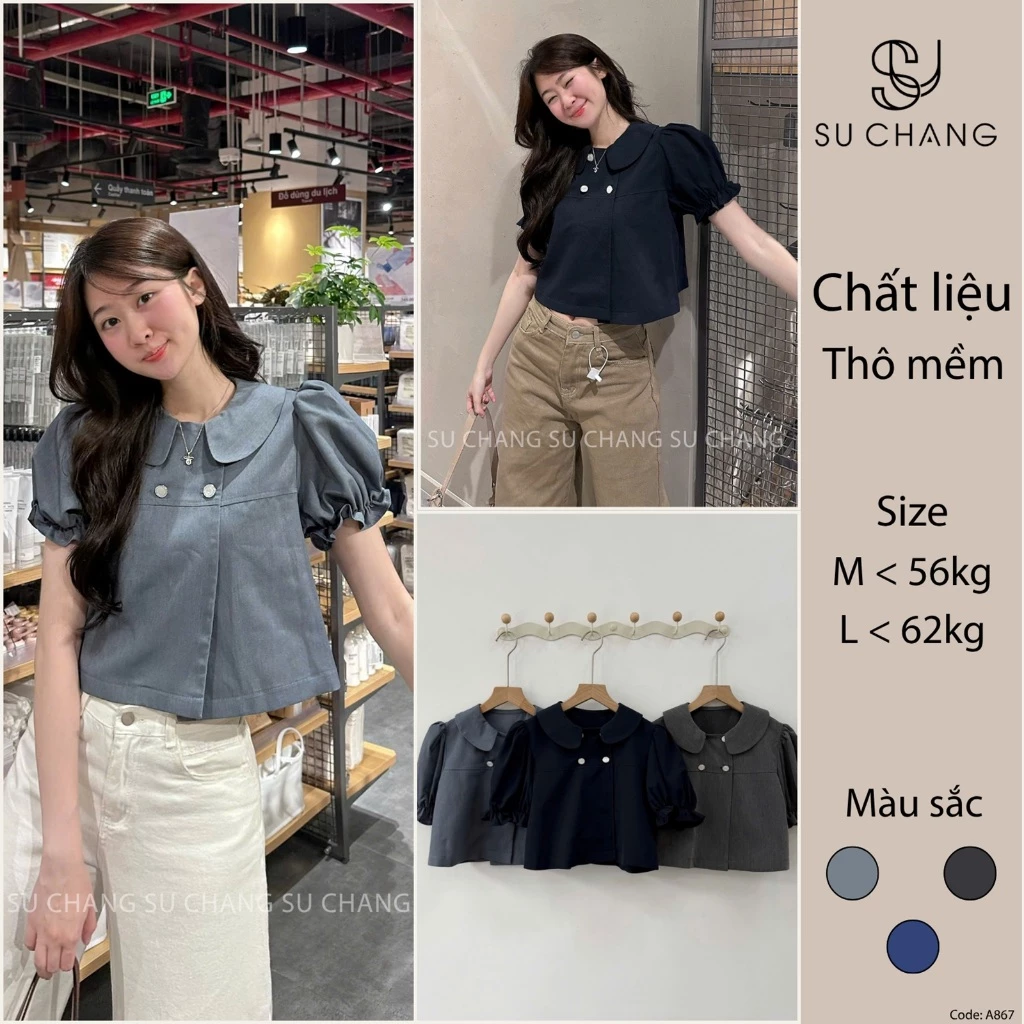 Áo Sơ Mi Cổ Sen Tay Bồng Chun Cúc Ngọc Dáng Croptop A867 Su Chang Thời Trang Nữ
