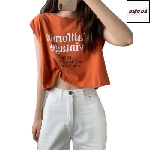 Áo croptop ba lỗ tay hến nữ in hình California Vintage cực chất đơn giản basic thun cotton co giãn thoáng mát