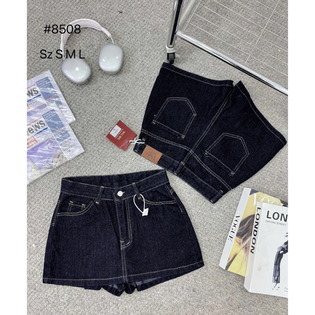 [Hàng sẵn] Chân váy jeans ngắn dáng A xanh đậm chỉ nổi có lót quần cùng chất ARA SKIRT #8508