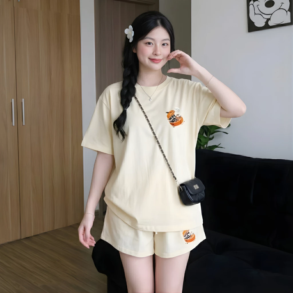 Set Áo Thun Nữ Form Rộng Kèm Quần, Vải Cotton Mềm Mịn Thoáng Mát, In Hình Dễ Thương Mèo nhỏ Genz