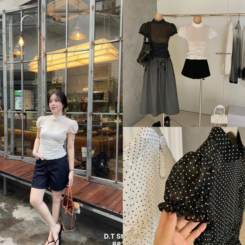 Áo Chấm Bi Tay Bồng Bun222 – Áo Cổ 3 Phân Nhún Eo Tôn Dáng, Áo Kiểu Nữ Dễ Thương Hàn Quốc
