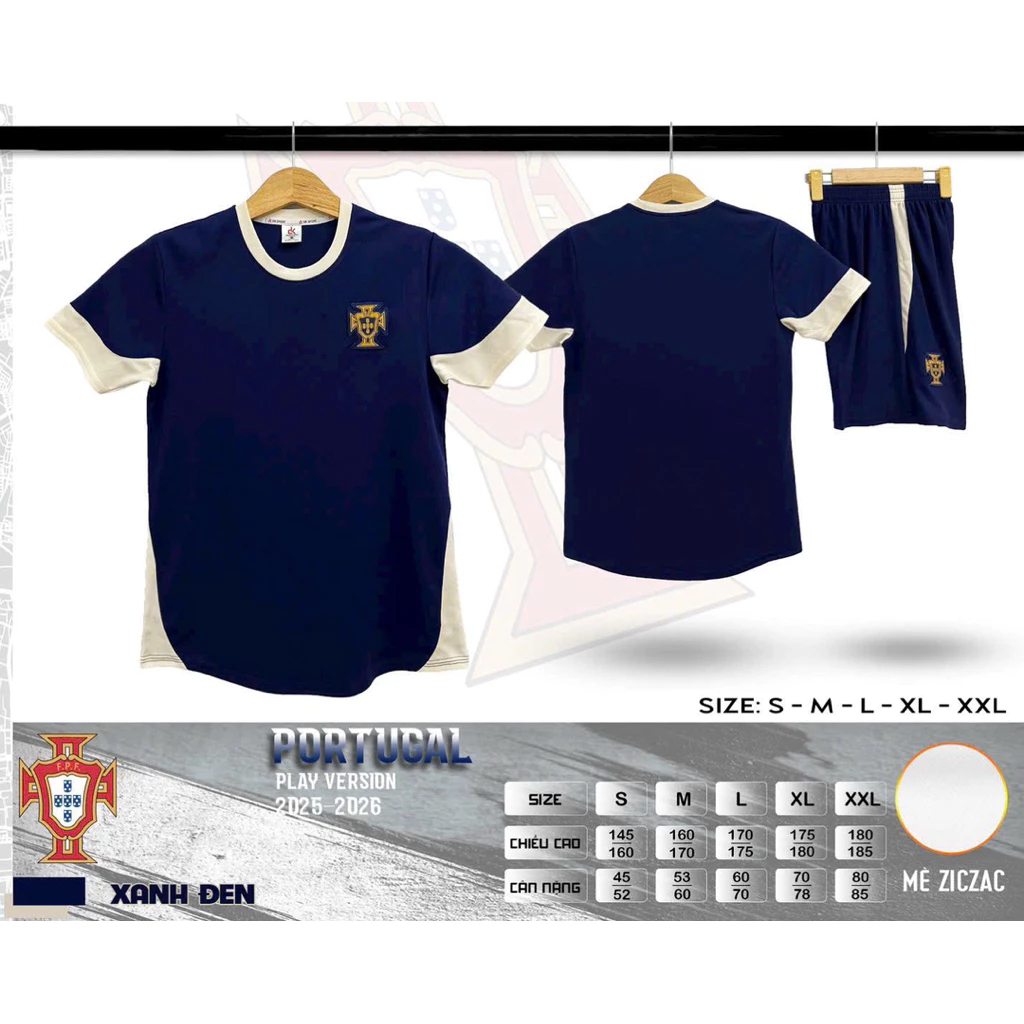Bộ Quần Áo Đá Banh Bồ Đào Nha Xanh Đen 2026 (Nhận In Tên Số) Thun Mè Cao Cấp Logo Thêu Nam Nữ Top Sport