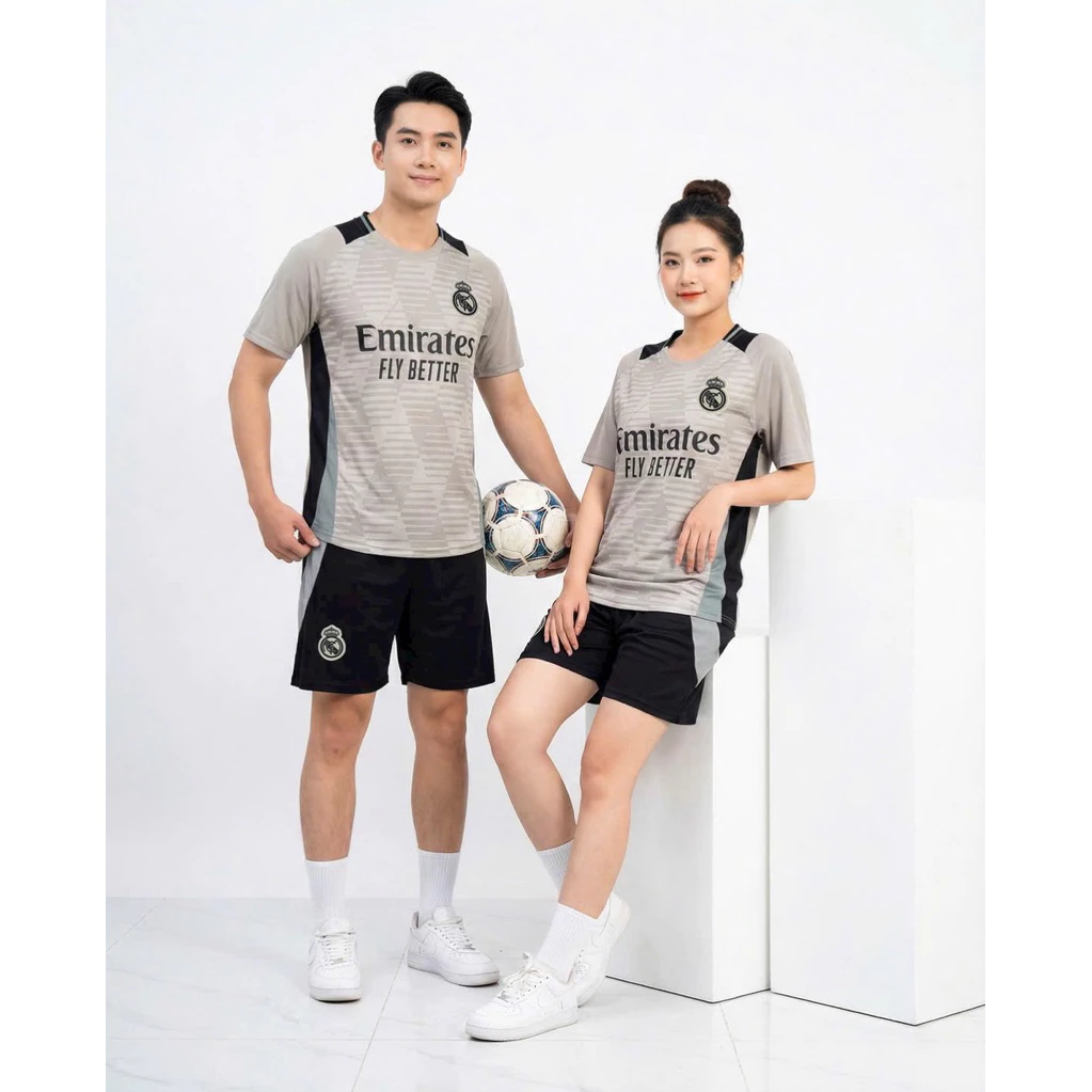 Bộ Quần Áo Đá Banh Real Xám 2026 ĐK (Nhận In Tên Số) Thun Mè Cao Cấp Logo Thêu Nam Nữ Top Sport
