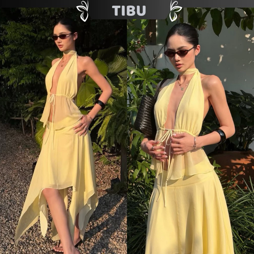TIBU - Set Áo Cổ Yếm Xẻ Ngực Hở Lưng Phối Chân Váy Ngăn Xoè Tua Rua Lạ Mắt Đi Chơi Biển Mùa Hè B726