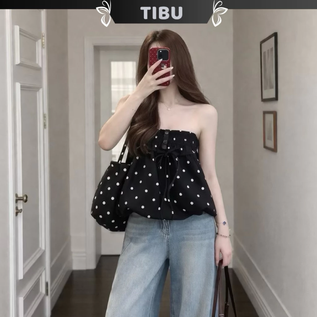 TIBU - Áo Quây Cúp Ngực Chấm Bi Xoè Bí Cột Nơ Đáng Yêu Xinh Xắn Đi Chơi Dạo Phố Đều Xinh Mùa Hè A720