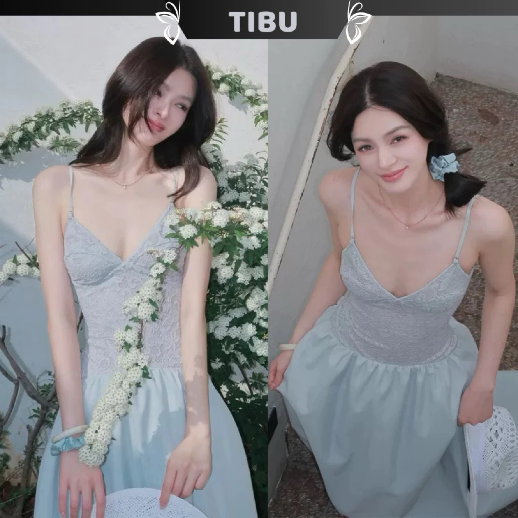 TIBU - Đầm Maxi Hai Dây Ren Phối Tầng Xoè Đi Biển Sang Chảnh Dáng Dài Hotrend Mùa hè D722