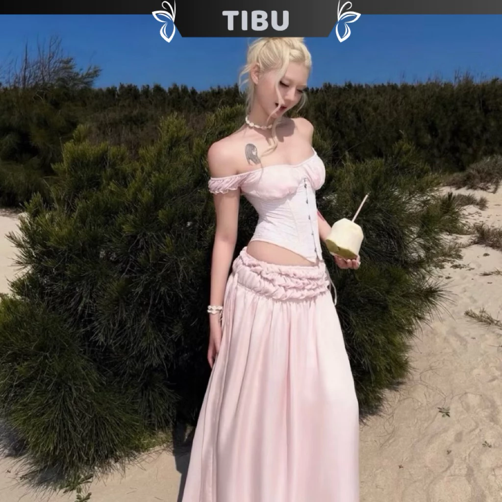 TIBU - Set Áo Corset Phối Chân Váy Nhưn Hông Dáng Dài Màu Hồng Tiểu Thư Sang Chảnh Đi Chơi Dạo Phố Biển B719