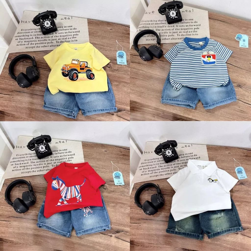Bộ quần áo mùa hè cộc tay mát mịn cho bé trai hình ô tô . hoạt hình siêu đáng yêu size từ 8-20kg