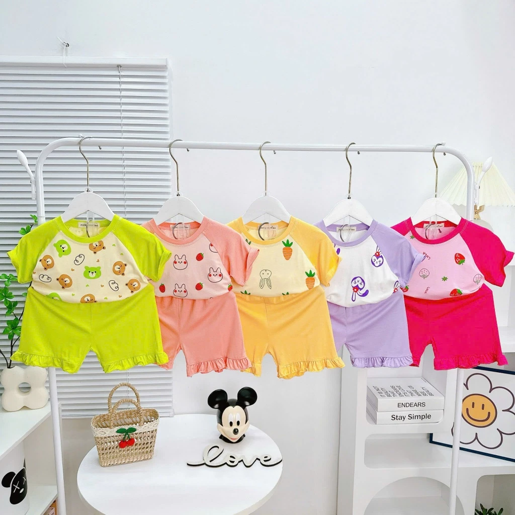 Bộ Cộc Tay Thun Lạnh Micky woo Cho Bé gái  7-25kg Mặc ở nhà , mặc đi học , Mềm Mịn Dễ Thương thoáng mát mùa hè