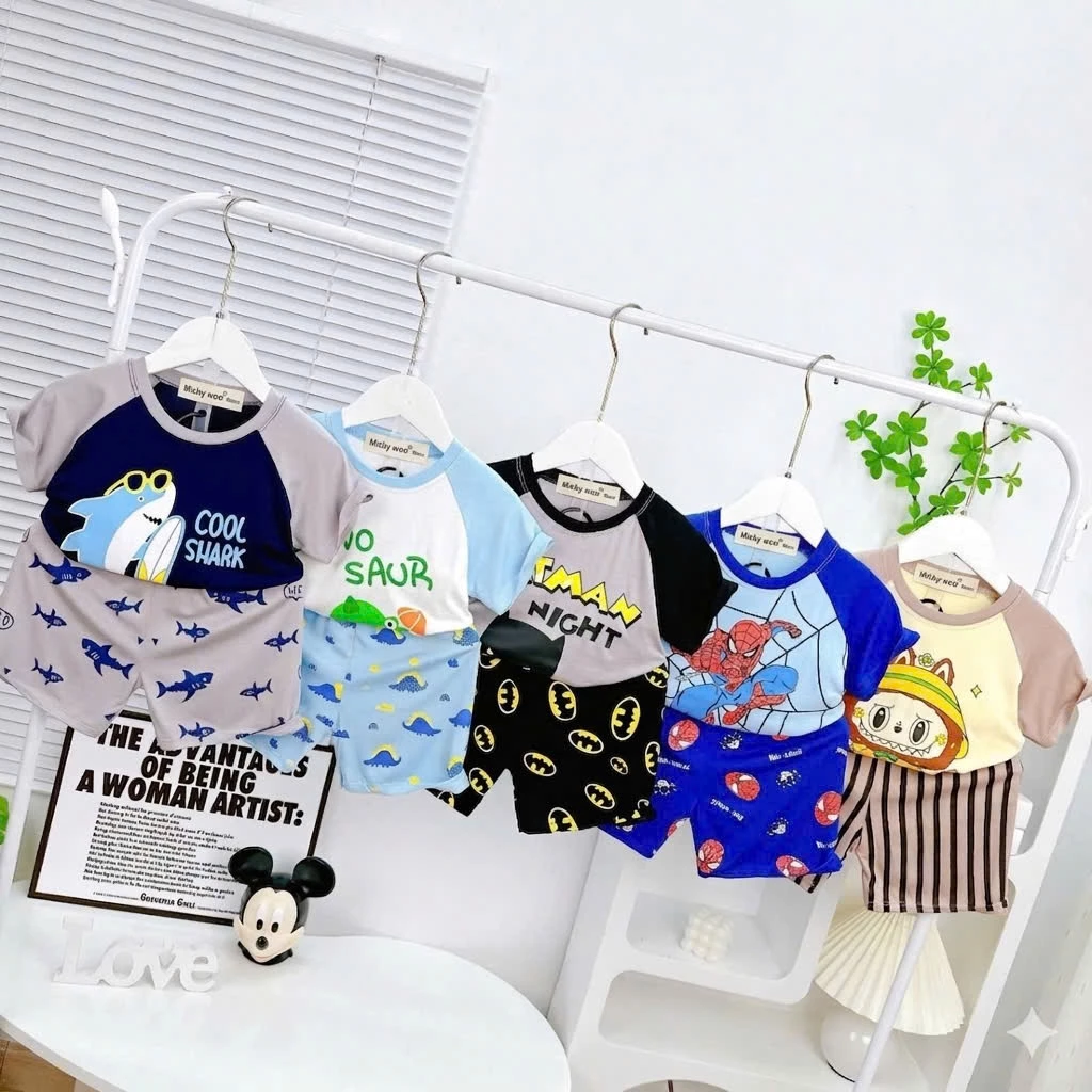 [7-25kg] Bộ côc tay Thun Lạnh Micky woo cho bé Trai mặc mùa hè mặc ở nhà đi học, mền mịn mát thoáng thấm hút mồ hôi