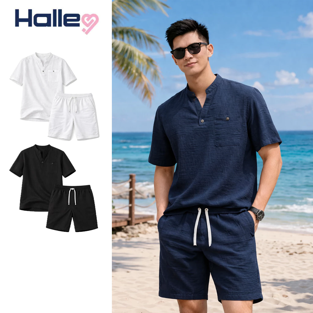 Bộ Quần Áo Đũi Vân Mây Nam Halley Hàn Quốc  Set Đồ Nam Cộc Tay Cổ V Lãng Tử Đi Biển Đi Cafe J66