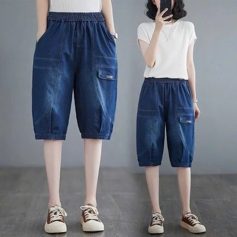 Quần Ngố jean Giấy túi nắp thêu Min, quần bò dáng lửng from bagy siêu đẹp mềm mát