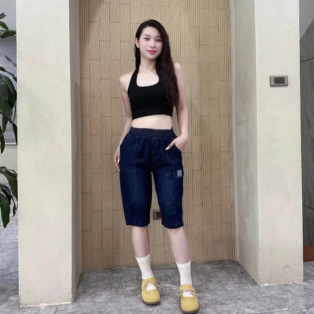 Quần Ngố Bò Giấy Mềm Lưng Thun Cho Nữ Thiết Kế Túi Nắp Trẻ Trung Phong Cách Thời Trang Hiện Đại