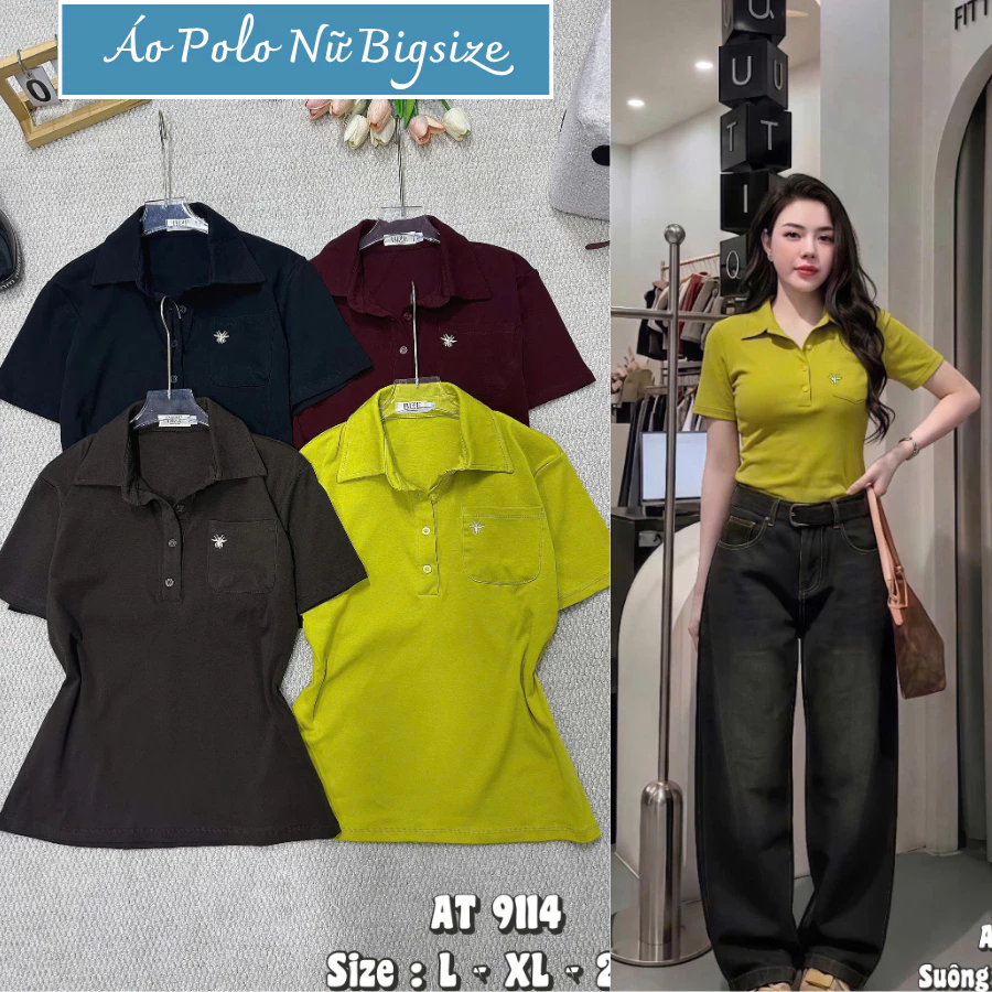 Áo Polo Nữ Bigsize Cổ Bẻ Thêu Họa Tiết Túi Sang Trọng - Áo Thun Nữ Borip Cotton Vạt Dài Che Bụng AT9114