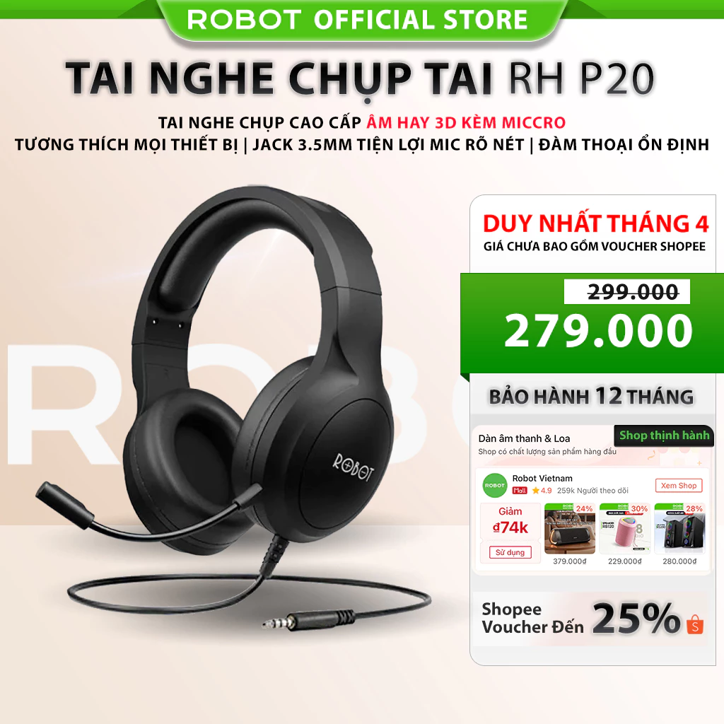 Tai Nghe Chụp Tai ROBOT RH-P20 Âm Thanh 3D Hỗ Trợ Kết Nối Cổng AUX - BẢO HÀNH 12 THÁNG 1 ĐỔI 1