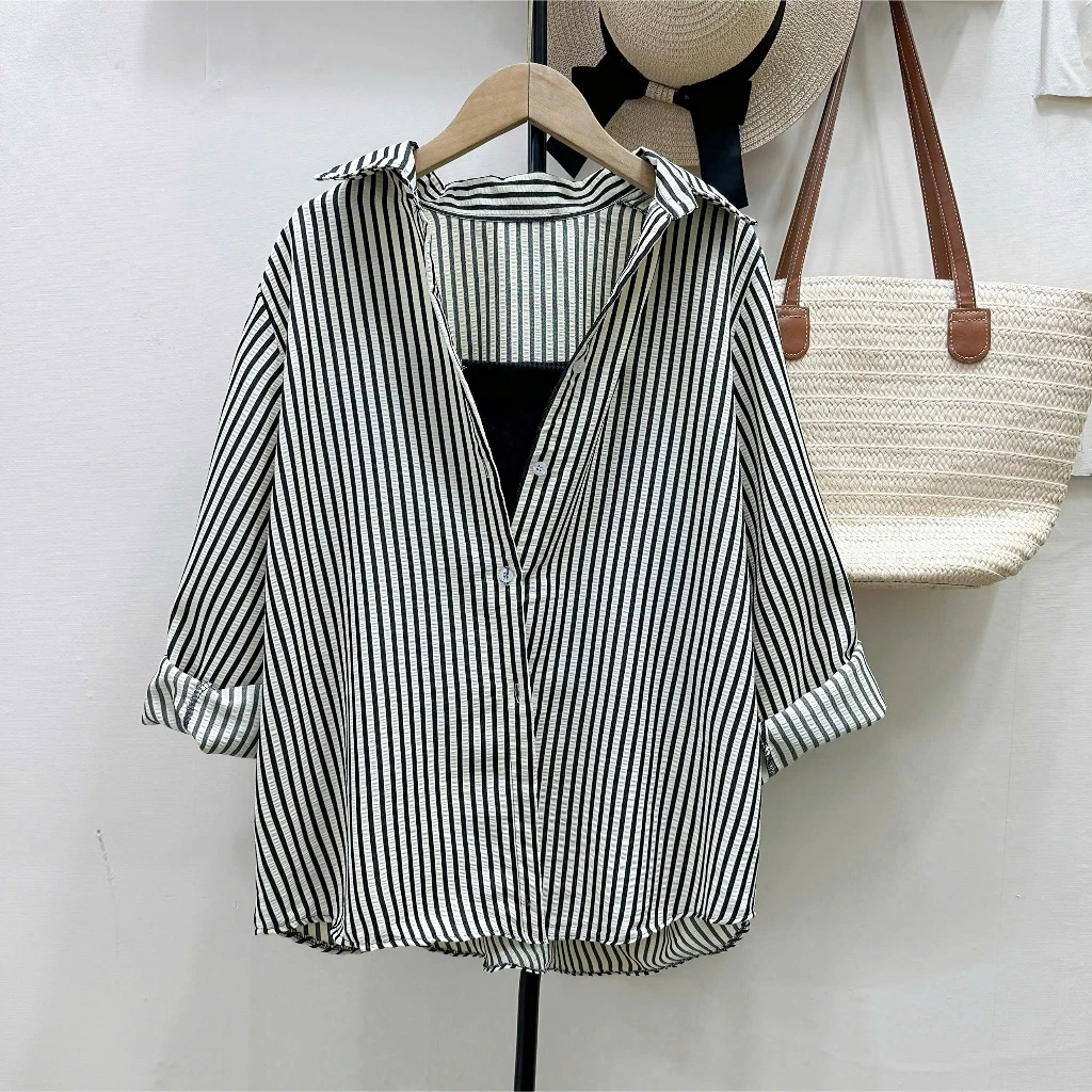 Áo sơ mi sọc form rộng bigsize, chất mát nhẹ phối áo 2 dây phong cách Hàn Quốc thanh lịch-A196 +G118
